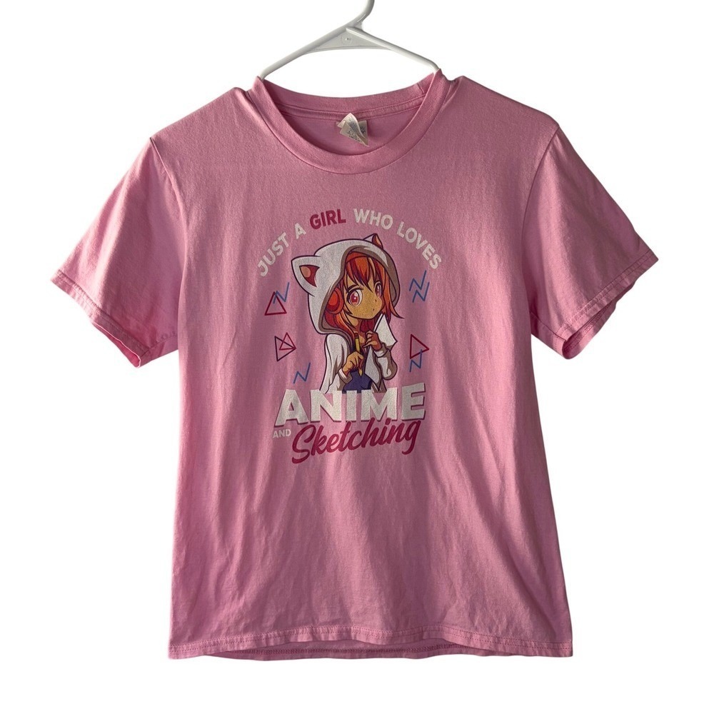 Port & Company Pink Anime Sketching Graphic T-Shirt Youth Large L Girl Who Loves